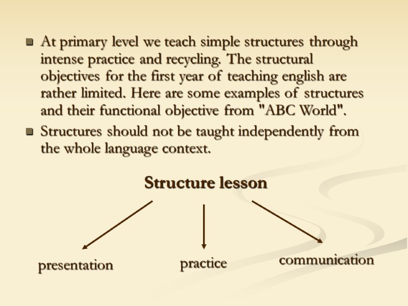 At primary level we teach simple structures through intense practice and recycling. The structural